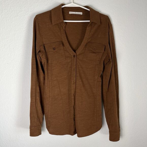 Peruvian Connection Womens XS Brown Collared Long Sleeve Pocket V Neck Shirt Top - Picture 1 of 6